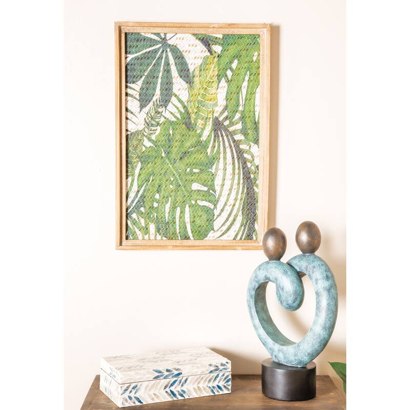 Green Wood Tropical Leaf Home Wall Decor with Brown Frame (Set of 2)