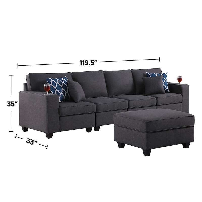 Linen Upholstered 4-Seater Sofa with Ottoman in Dark Gray