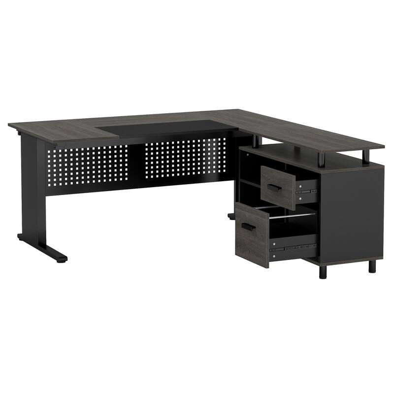 63" L-Shaped Executive Desk with File Cabinet in Gray and Black