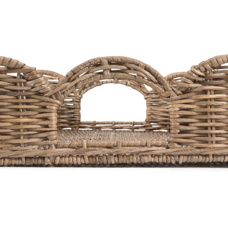 happimess Scalloped 21.5" Southwestern Cottage Hand-Woven Rattan Tray with Handles, Natural