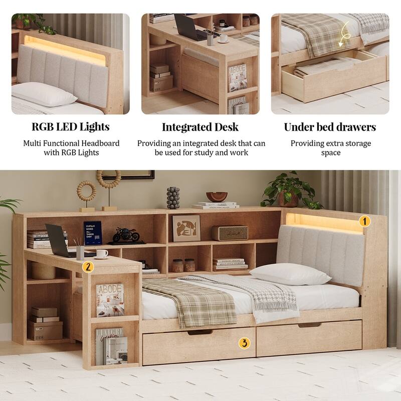 L-shaped Wooden Daybed with Desk and Storage Bookcase with Upholstered Headboard