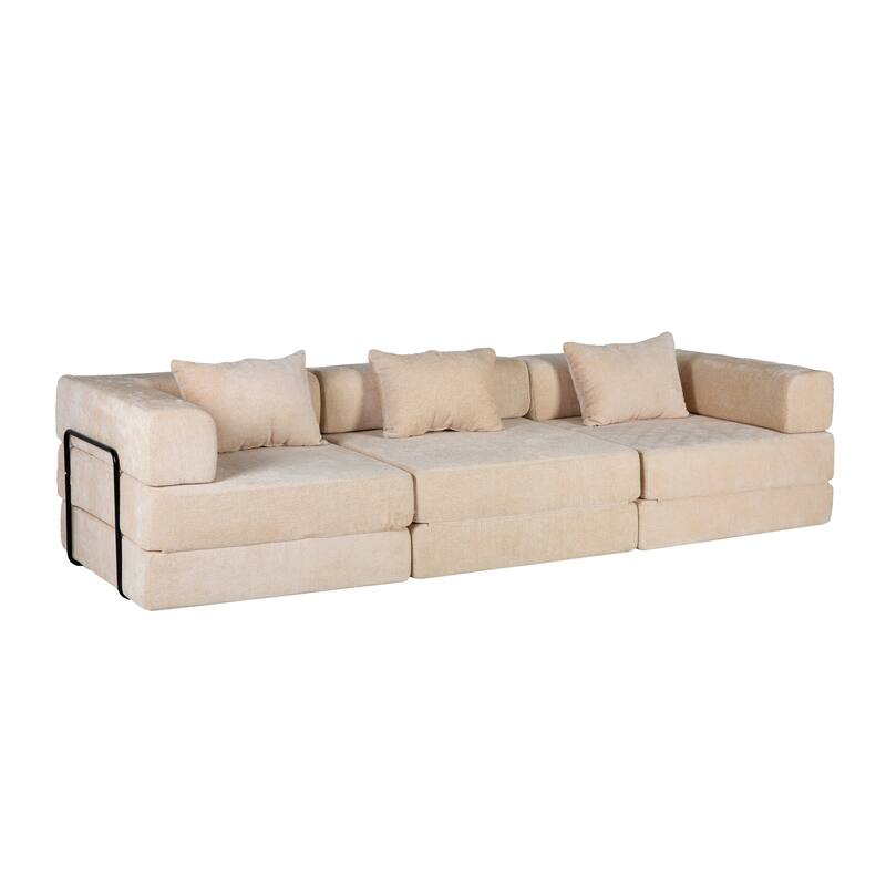 Chenille Fabric Compression Sofa, Boneless Modular Sectional Sofa, Convertible Floor Sofa Bed with Fixed-Shape Frame