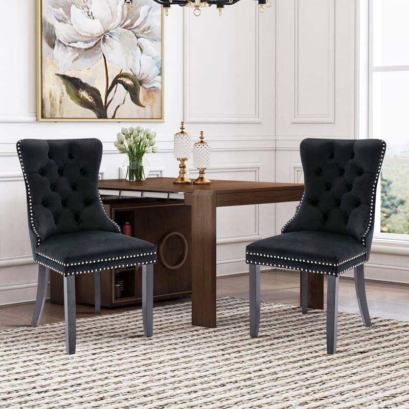 Set of 2 Modern Glam Velvet Dining Chairs - Armless TuftedAccent Side Chairs with Nailhead Trim & Ring Handle