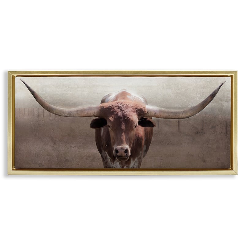 Stupell Rustic Western Longhorn Framed Floater Canvas Wall Art Design By Carol Robinson - 25 x 11 - Gold