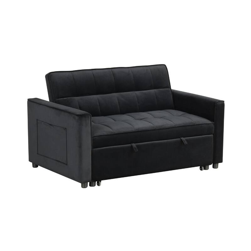 Marve Convertible Sleeper Loveseat, Side Pockets, Black Velvet 54 Inch
