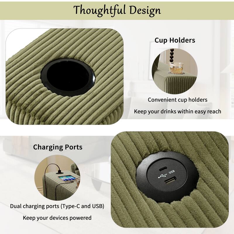 Roomfitters Large Sectional Sofa with Thick Cushions, Built-in Cup Holders and Charging Ports for Living Room