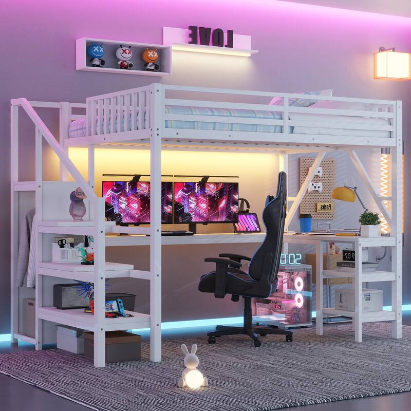 Roomfitters Full/Queen Loft Platform Bed, L-Shaped Desk and LED Wardrobe with Metal Frame for Bedroom or Guest Room