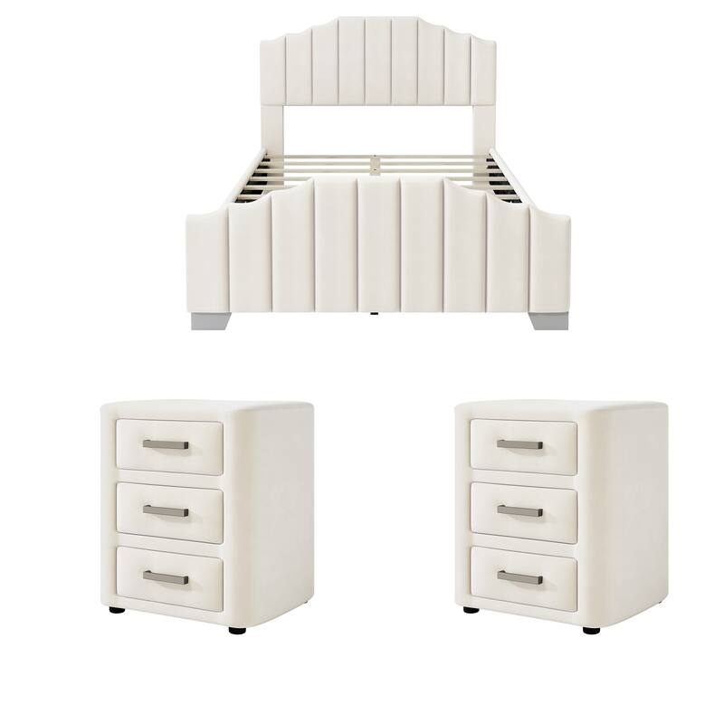 Velvet Upholstered Platform Bed Frame Vertical Channel Wingback Bed Tufted Headboard Footboard, Low Profile Panel Bed