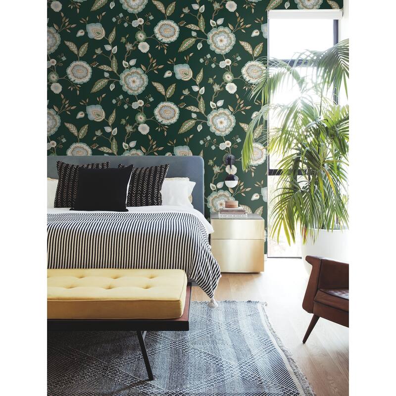 York Wallcoverings Dahlia Blooms Green & Blue Metallic Wallpaper Bed