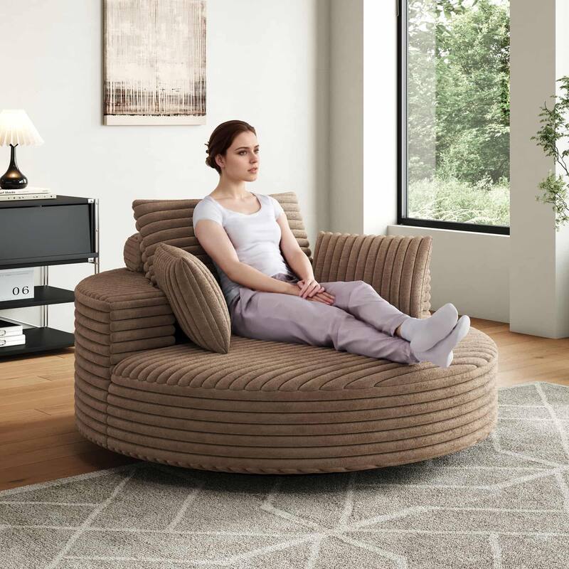 55'' L Corduroy Round Single Swivel Chair, Chaise Lounge with Pillows - Brown
