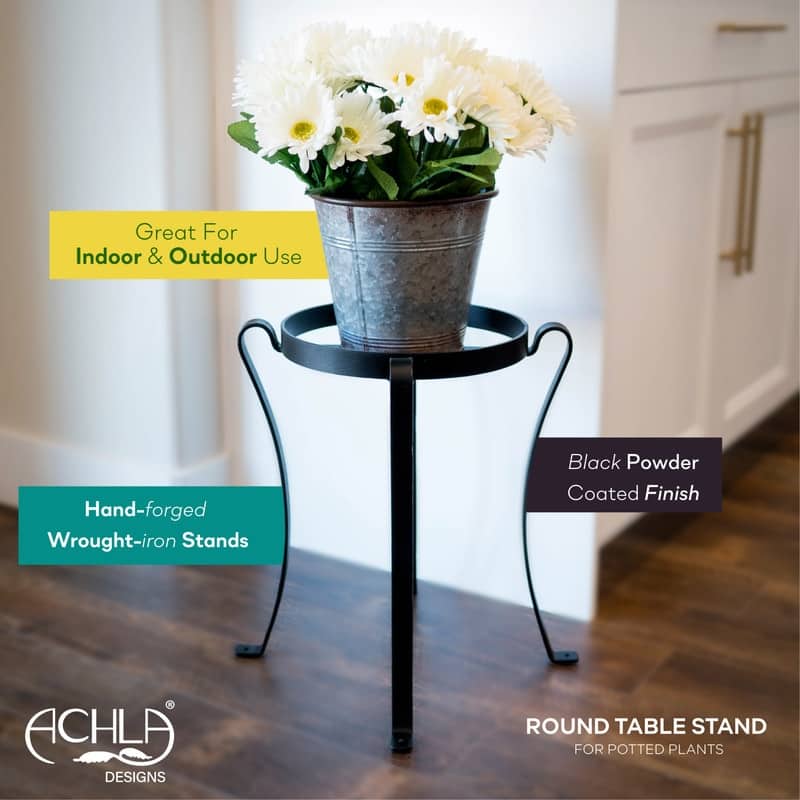 Achla Designs Large Indoor Outdoor Patio Flowerpot Plant Stand, 18 Inch Tall, Black Powder Coat Finish