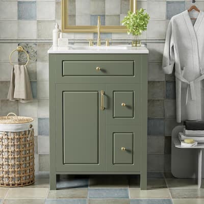 24" Bath Cabinet Including Ceramic Sink, 1 Soft Shut Door, 2 Soft Shut Drawers And Twin Door Storage Shelves