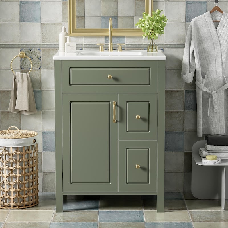 24-Inch Bathroom Vanity with Ceramic Sink, 1 Soft Close Door, 2 Soft Close Drawers, and Double Storage Racks on the Door