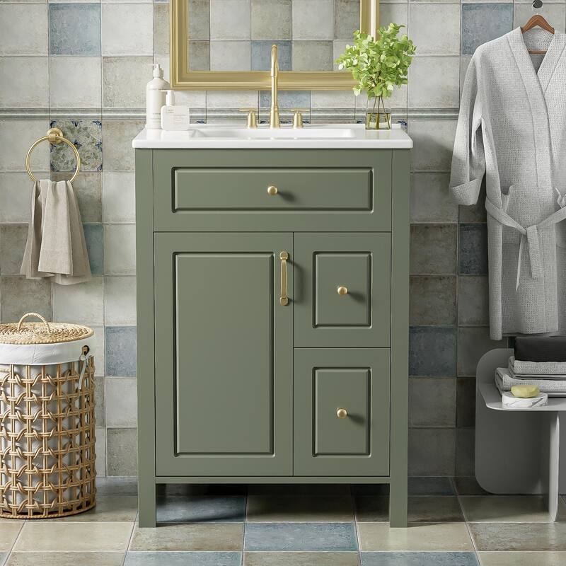 Roomfitters 24-Inch Bathroom Vanity with Ceramic Sink, 1 Soft Close Door, 2 Soft Close Drawers, and Double Storage Racks - Green
