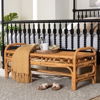 Ayala Natural Rattan Accent Bench - Handwoven Wicker Accent Seating with Decorative Apron and Integrated Handles for Living Room