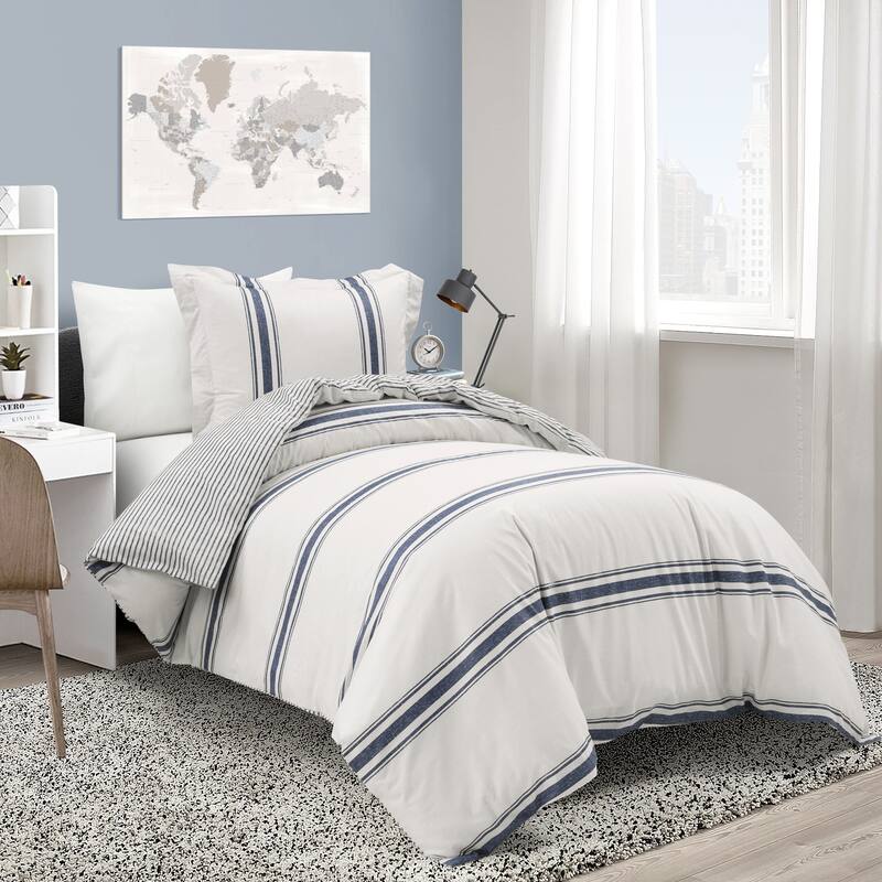 Lush Decor Farmhouse Stripe 3 Piece Duvet Cover Set - Navy - Twin XL