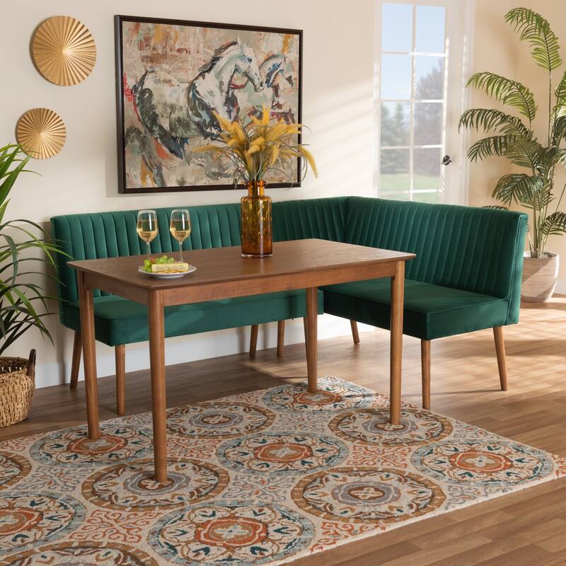 Alvis Mid-Century Emerald Green Velvet Upholstered Wood Dining Nook Set