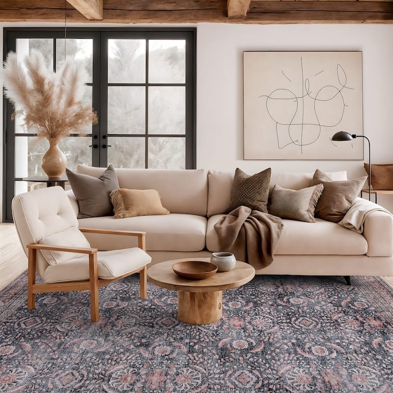 World Rug Gallery Vintage Inspired Machine Washable Non Slip Area Rug - 6' x 9' - Charcoal - Rectangle