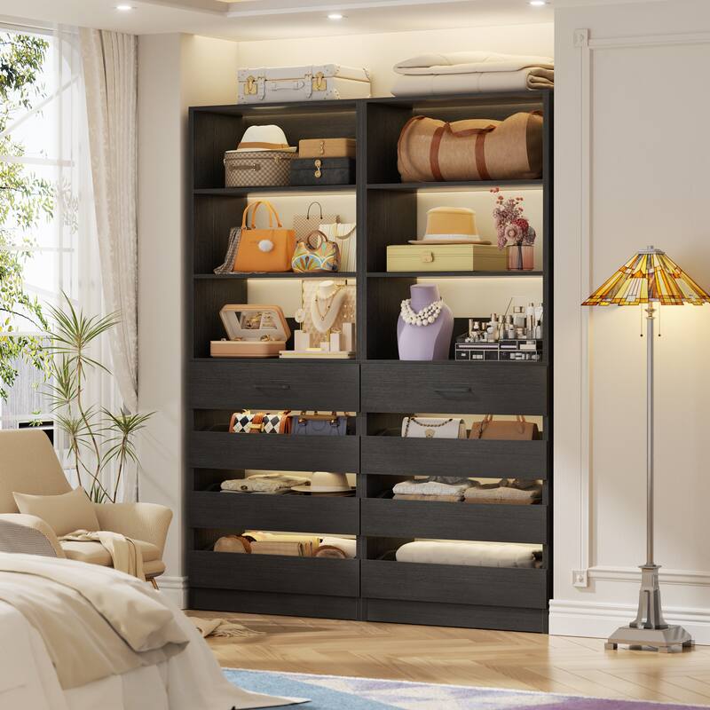21.3'' W Closet System with 4 Wooden Drawers, 1.78FT Walk-in Closet Organizer Wardrobe with Adjustable Open Shelves - Black - Set of 2 (42.6'' W)