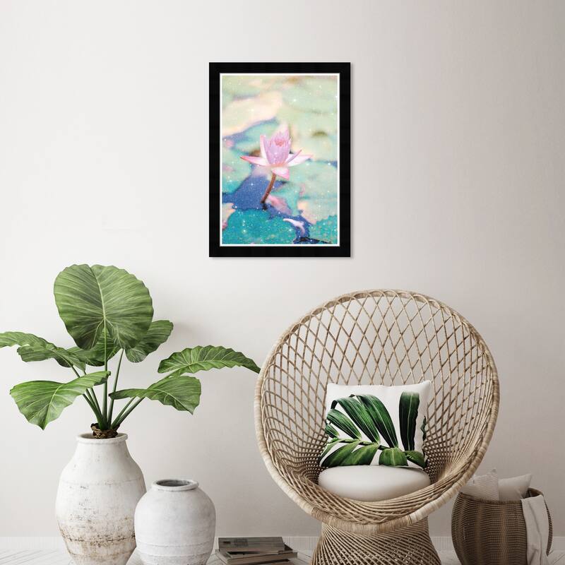 Wynwood Studio Prints Floral and Botanical Sparkling Lotus Pink and Light Pink Glam Wall Art Canvas Print - Black