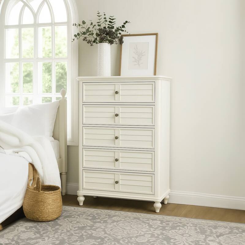 Kyna Tall Dresser Chest, 5 Drawers, Classic Antique White Solid Wood