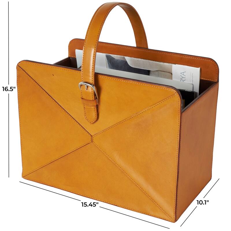 Leather Handmade Box Style Magazine Holder with Detail Stitching and Curved Buckle Handles - Brown or Black - Roche River Decor