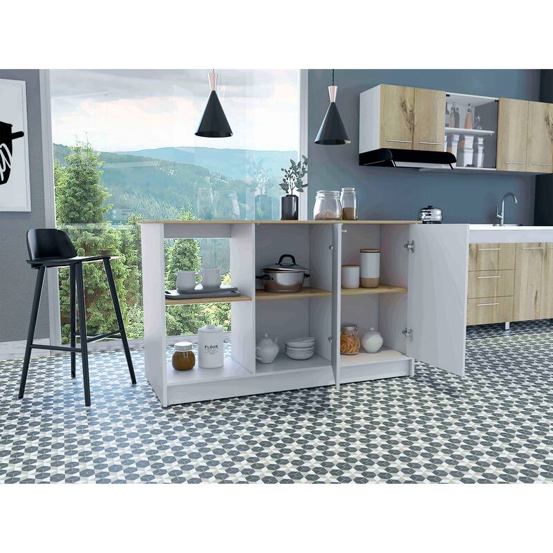 Spacious Kitchen Island with Large Countertop, Open Storage Shelves, and Double-Door Cabinet for Organized Cooking