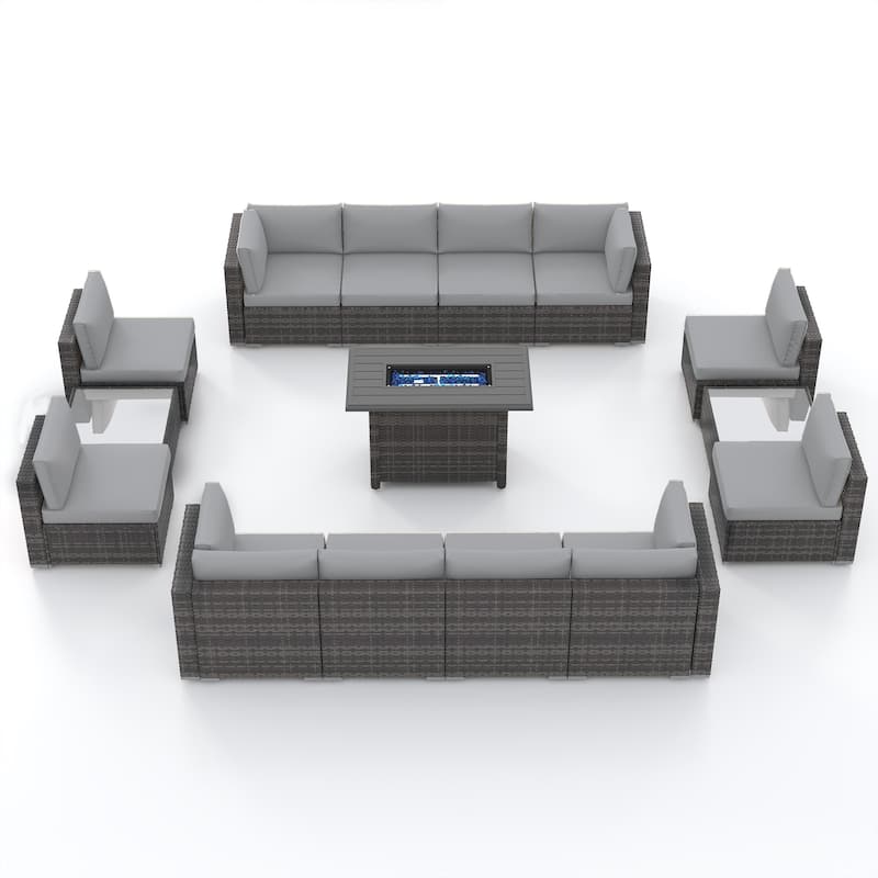 15 Piece Wicker Set Patio Sofa Furniture with Fire Pit And Table