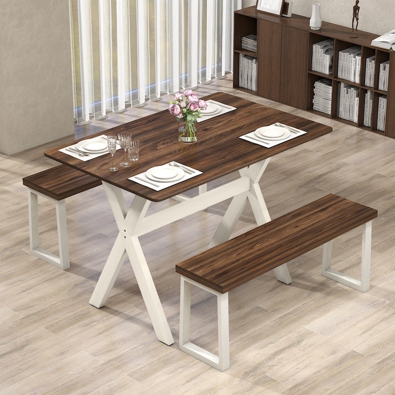 Walnut and White Dining Table with Rubber Wood X-Shaped Frame Ideal for Kitchen or Living Room - 43" x 28" x 30"