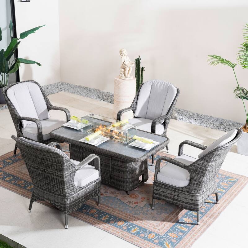 5-Piece Outdoor PE Wicker Aluminum Dining Set with 4 Armchairs and Adjustable Propane Fire Table