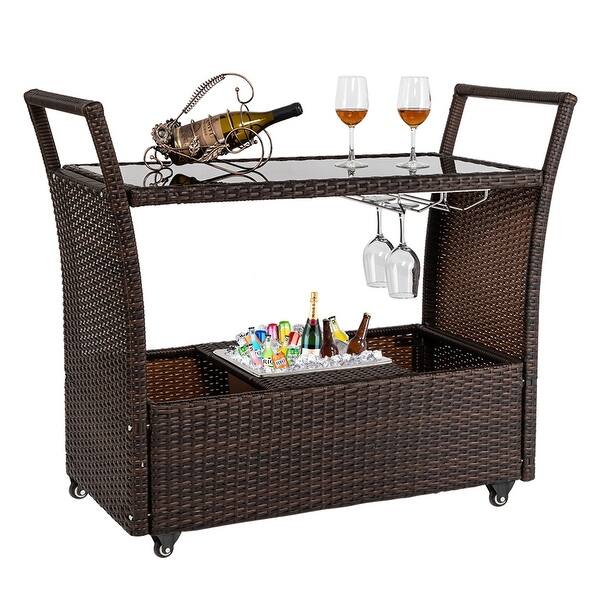 Shop Outdoor Patio Wicker Rattan Serving Bar Cart With Ice Bucket