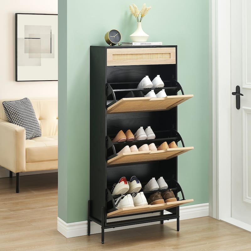 Rattan Shoe Cabinet with 3 Flip Door 1 Drawer Wooden Free Standing Shoe Racks, Shoe Storage Organizer Shoe Rack - 24x9.4x53.7in
