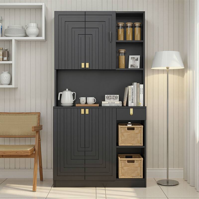 Meyreso Wood Tall Furniture - Kitchen Pantry Storage Cabinet with Doors - Black - 1-drawer