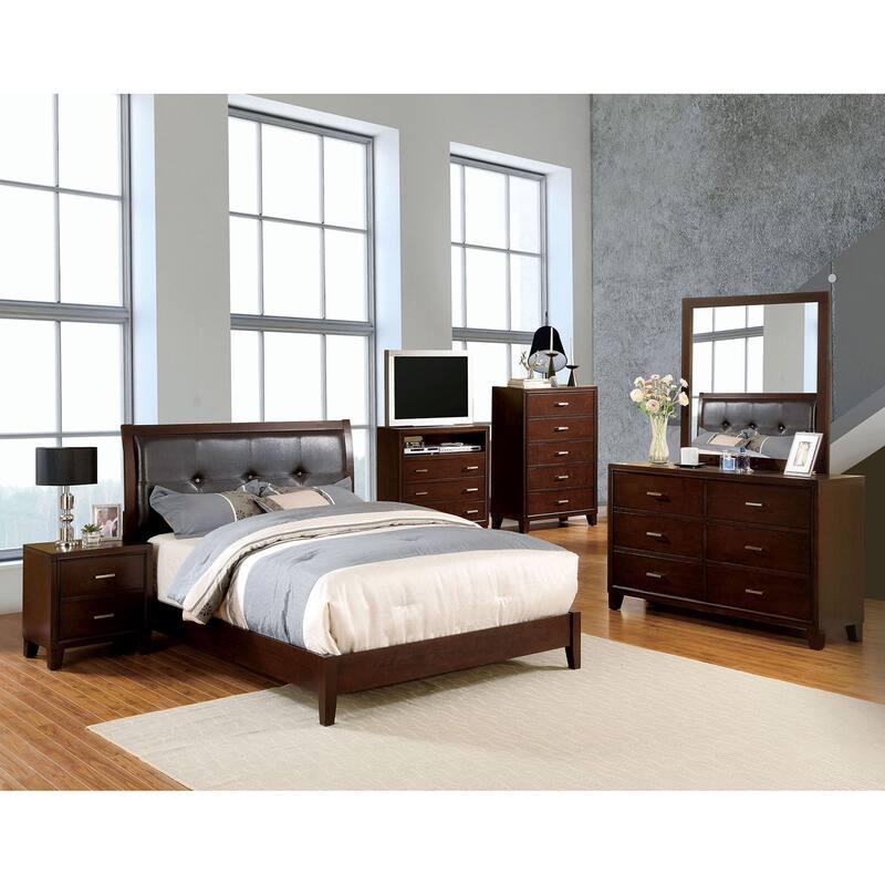 Eastern King Size Bed with Button Tufted Headboard in Brown Cherry Finish