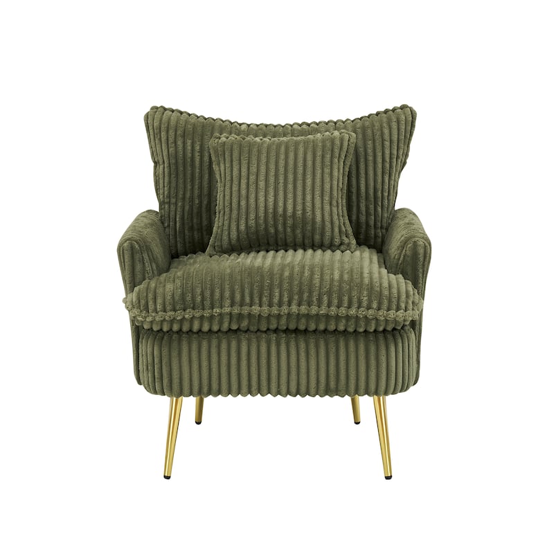 Corduroy Single Sofa Chair, Ergonomic Lounge Reading Chair, Upholstered Decorative Chair with Pillow & Metal Legs