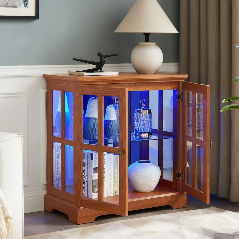 LED Curio Display Cabinet, Showcase with Adjustable Shelves & Lattice Doors, Multi-functional Glass Storage Cabinet