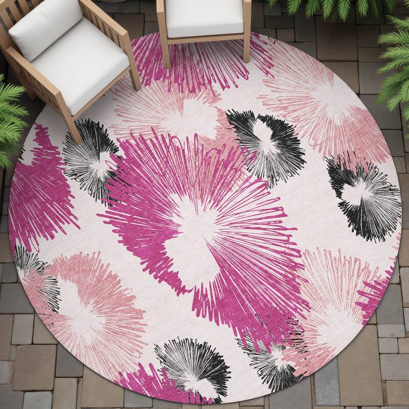 Machine Washable Indoor/Outdoor Modern Floral Chantille Rug - Pink - 8' x 8'