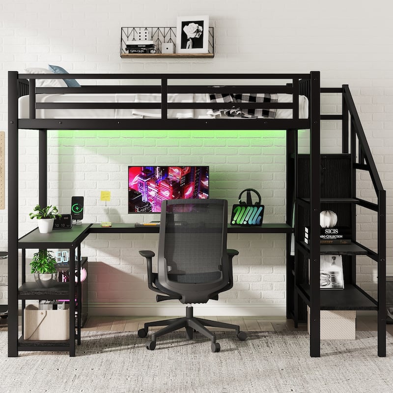 Full Loft Bed with Wardrobe & L-Shaped Desk and Built-in LED Lights, USB Ports & 350lb Capacity