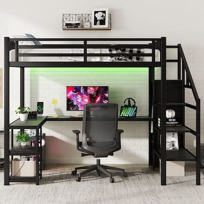 Iron Storage Loft Bed with Wardrobe and Shelves, L Shaped Desk with Charging Station, Heavy Duty Metal Loft Bed Frame