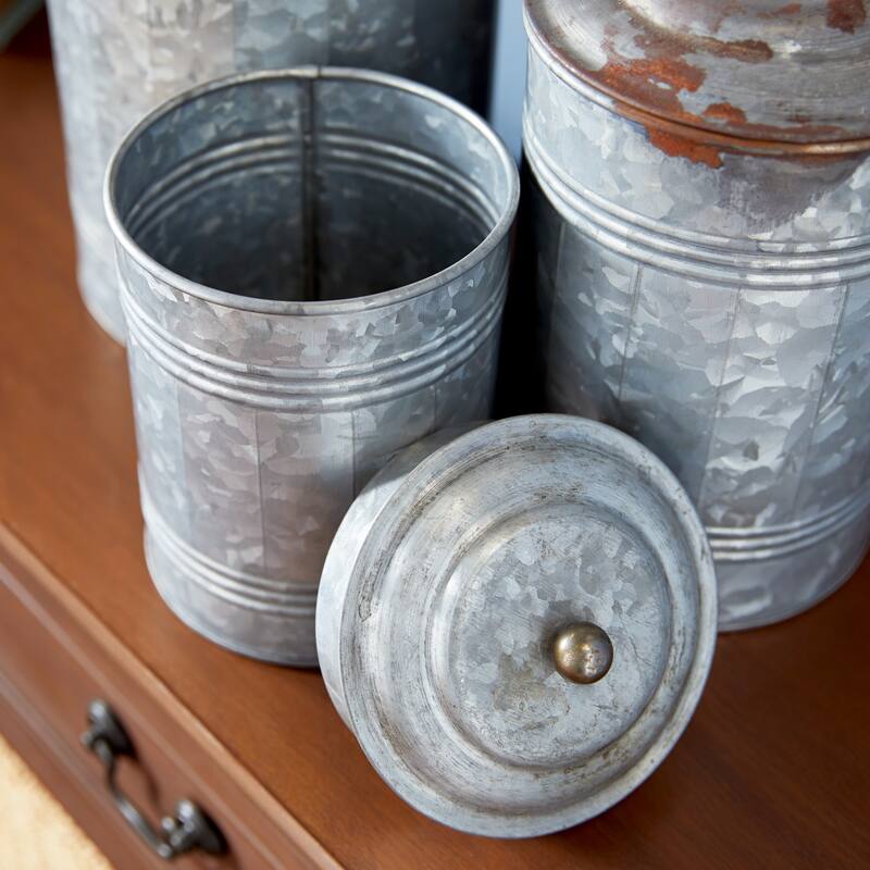 Gray Metal Galvanized Ribbed Living Room Decorative Jars with Gold Ball Knobs (Set of 3)