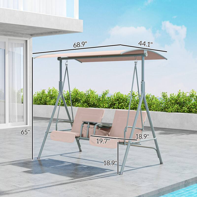2-Seater Outdoor Patio Swing Chair with Adjustable Canopy - 69" L x 44" W x 65" H