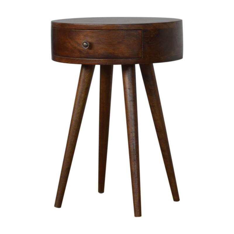 Circular Chestnut Nightstand with Nordic Legs and One Drawer