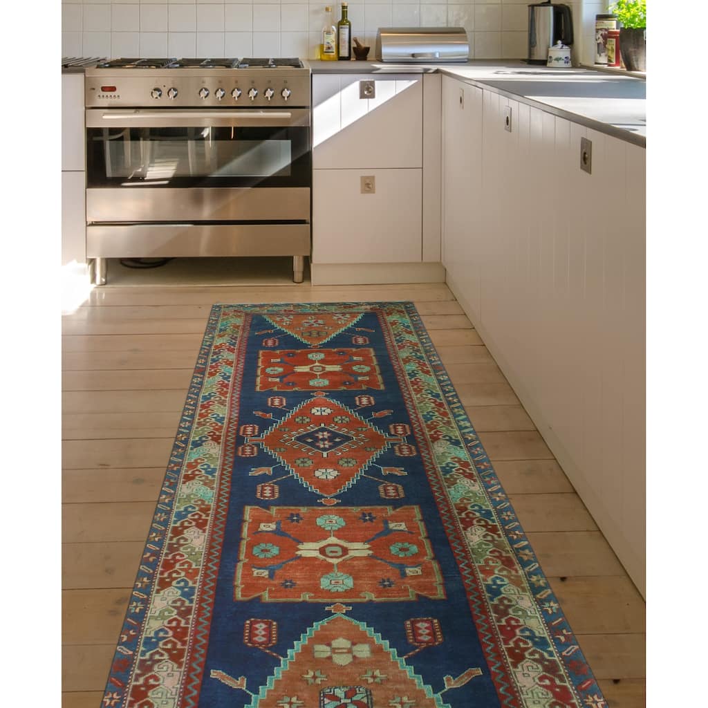 Fine Vintage Distressed Rudolph Navy/Rust Runner - 3'6" x 9'9"