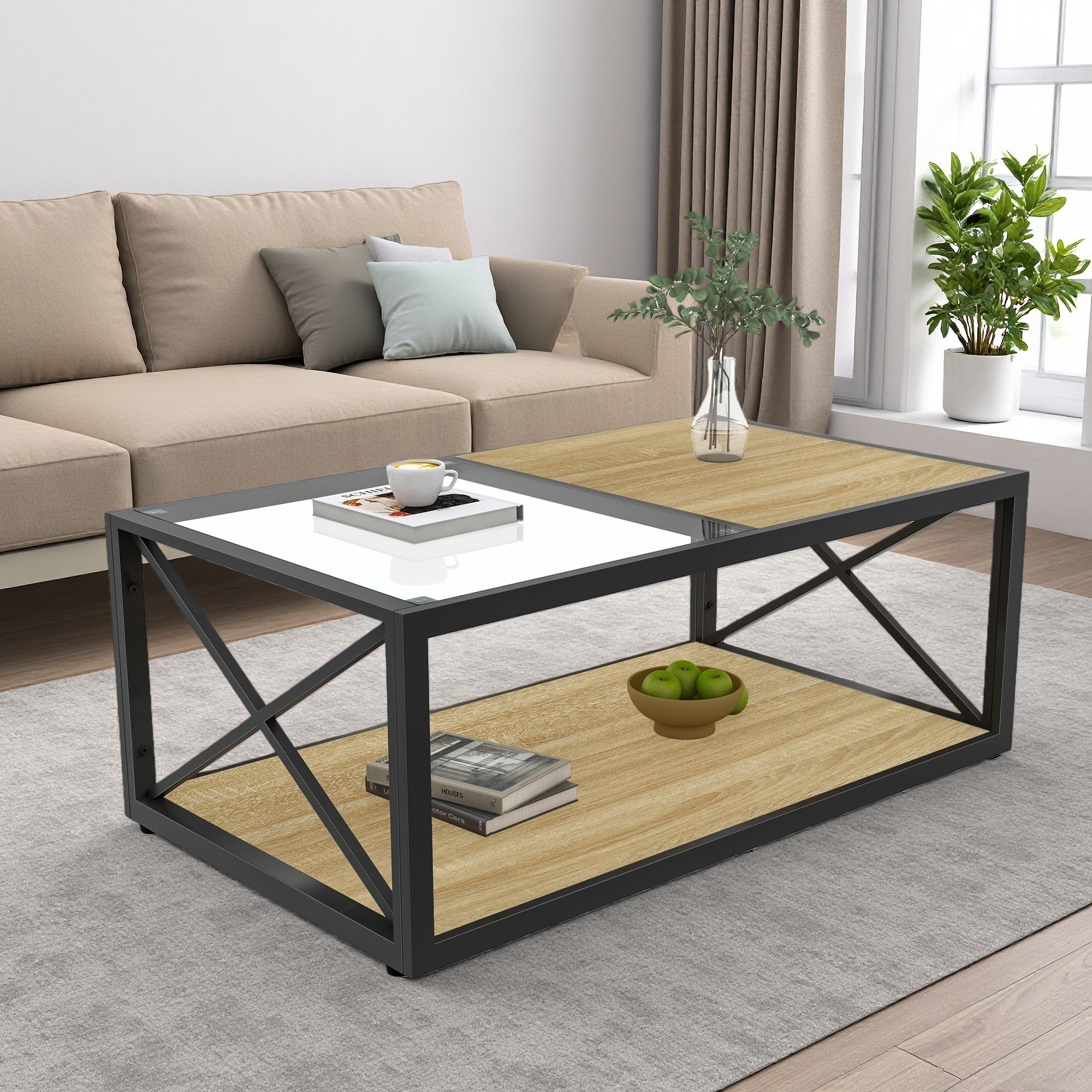 39.4" Glass & Rustic Wood Coffee Table