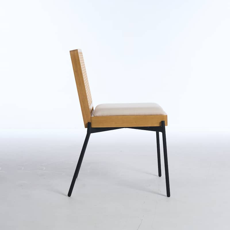 Dining Chairs Set of 2, Accent Linen Fabric Side Chairs with Rattan Backrest Metal Legs Kitchen Chairs for Dining Room