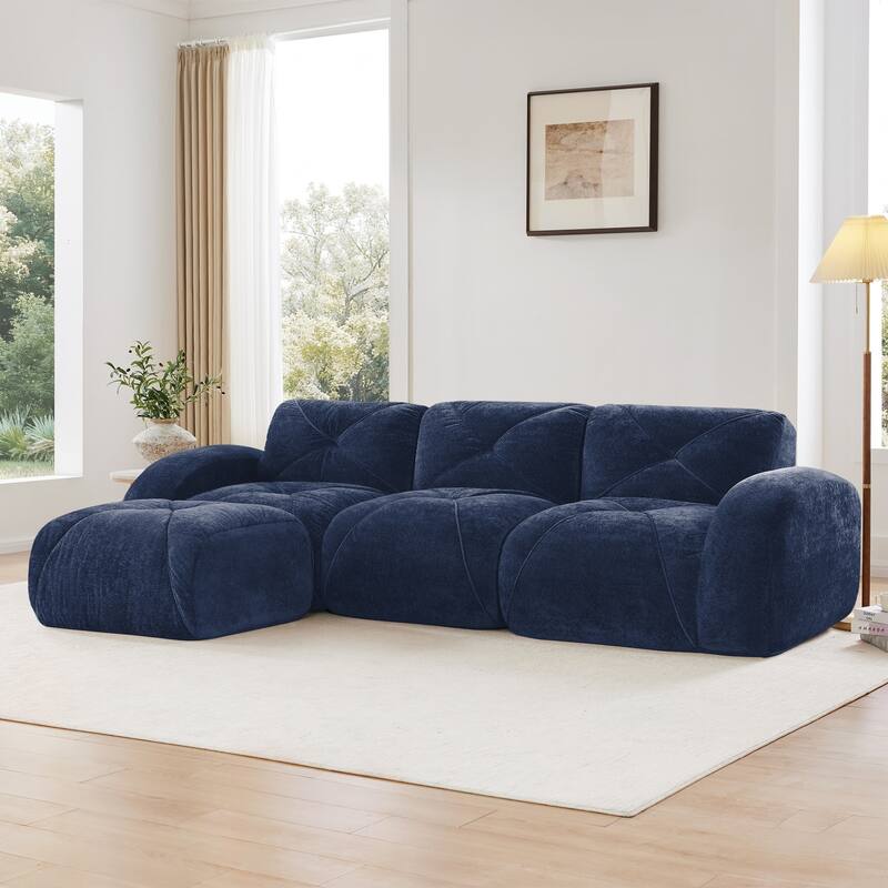 Rossetta 110'' 3-Seater L-Shaped Anti-Slip Design Retro Classic Color Velvet Tufted Modular Boneless Sofa with 1 Movable Ottoman