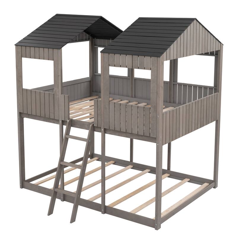 WoodBunk Bed with Roof, Window, Guardrail, Ladder