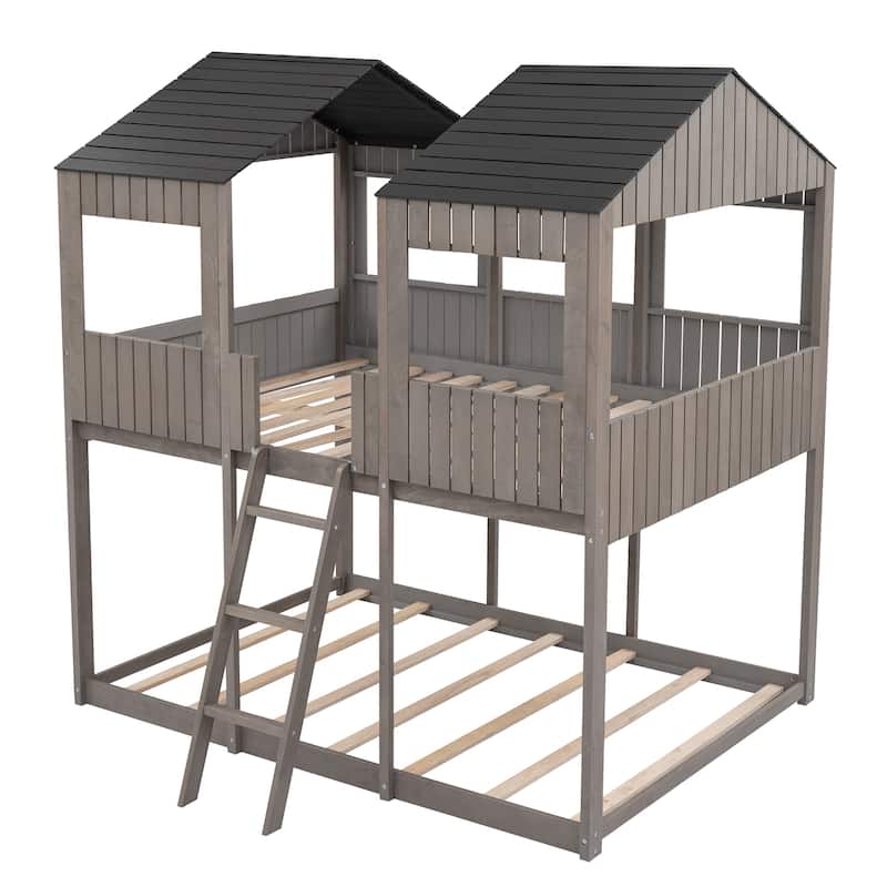 Wooden Castle House Bed Full Over Full Bunk Bed with Roof, Window, Guardrail, Ladder