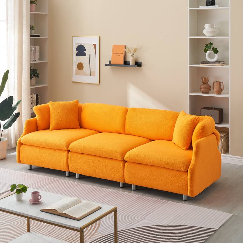 3-Seat Velvet Sofa with Teddy Fabric and Throw Pillows for Cozy Spaces