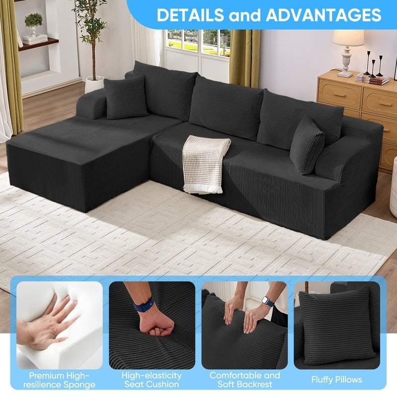 Mixoy 2-Pcs Free Combination Modular Sectional Sofas with Deep Seat,Corduroy L-Shaped Sofa with Chaise Lounge - 3-Seater